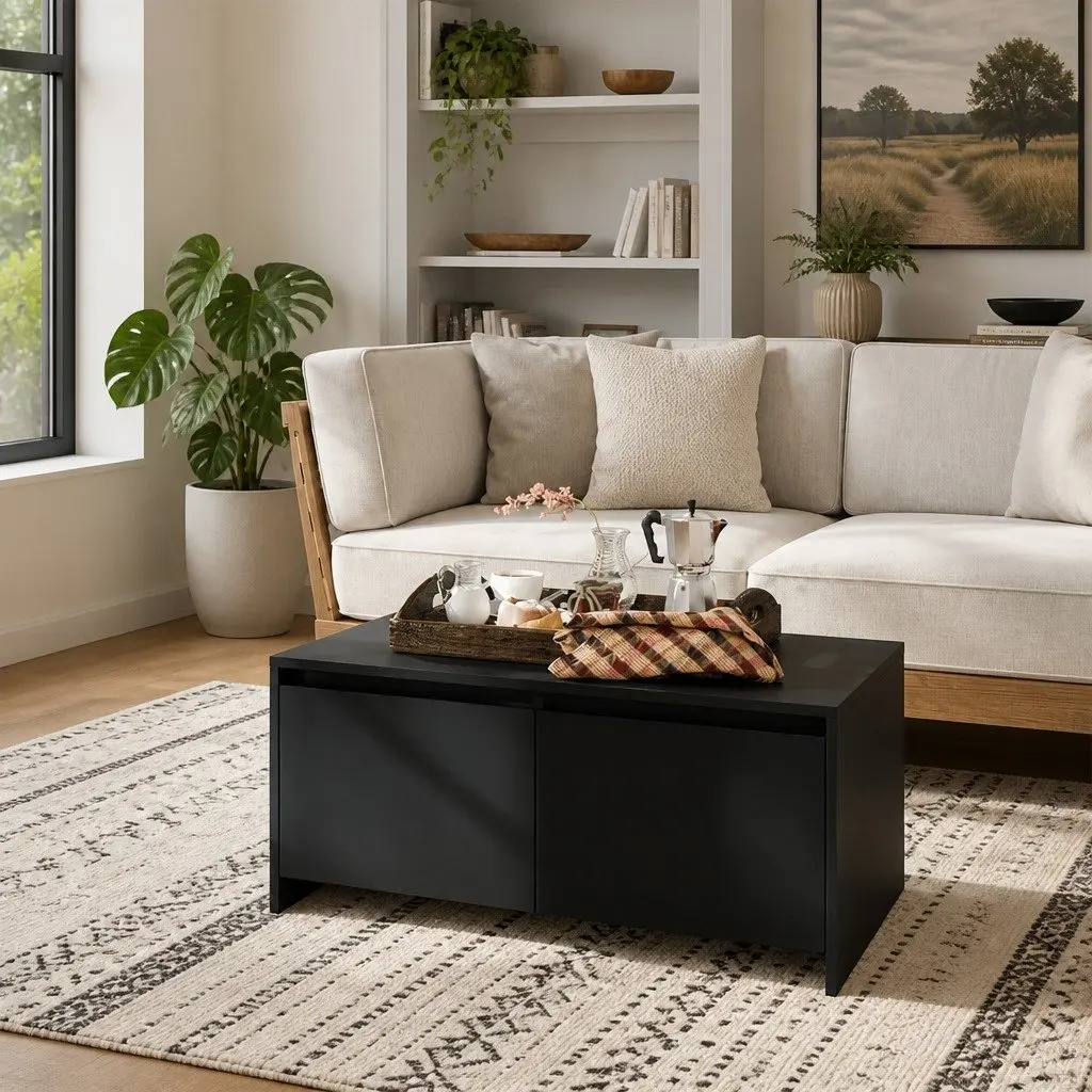 Black Coffee Table with Storage Drawers Modern Living Room Accent Furniture
