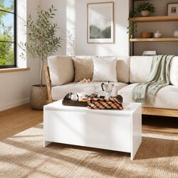 Coffee Table High Gloss White Modern Design 2 Drawers Storage Accent Furniture
