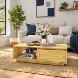 Solid Pinewood Coffee Table with Storage Shelf