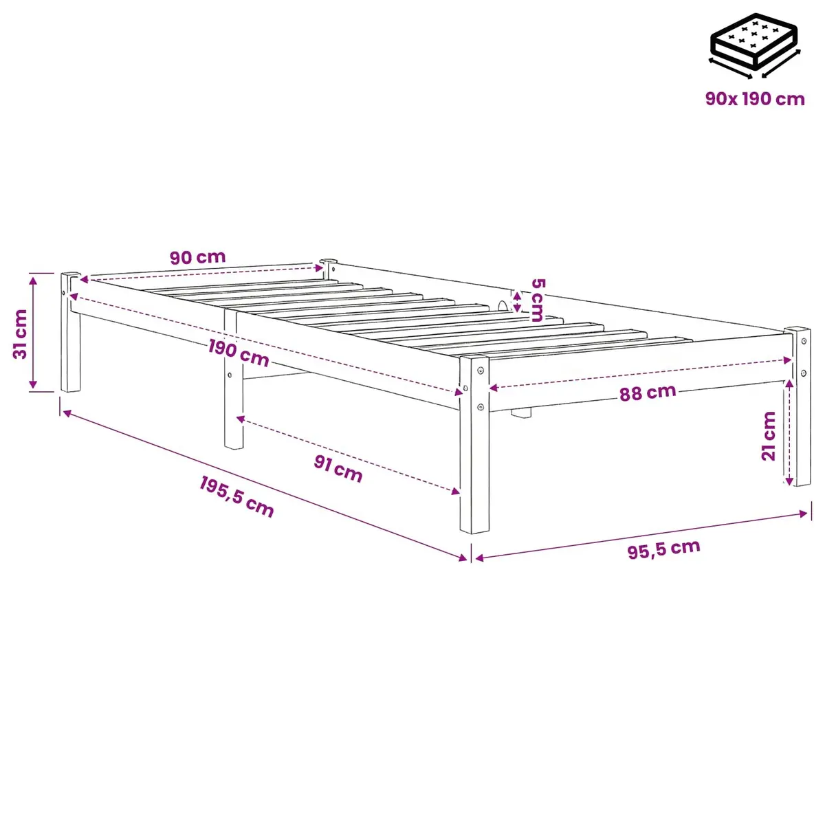 White Pinewood Bed Frame 90x190 cm with Slats