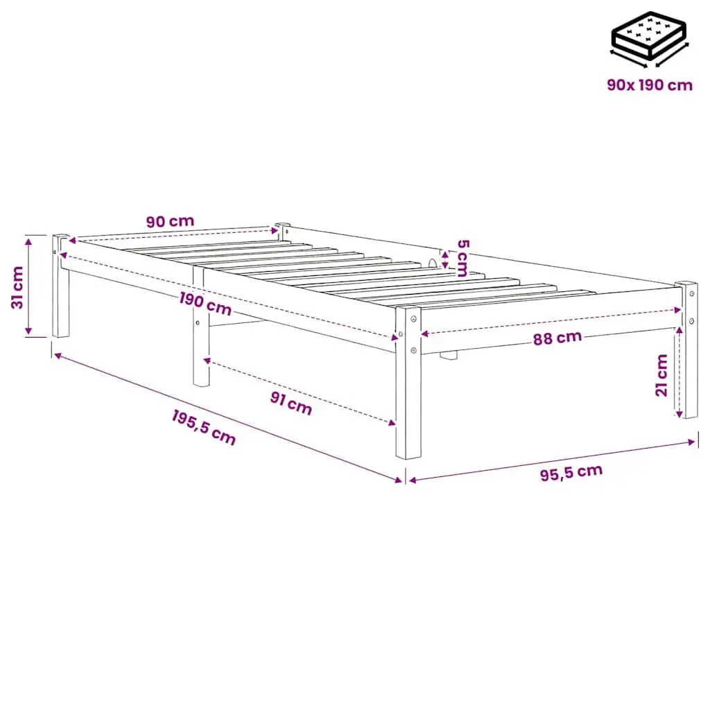 White Pinewood Bed Frame 90x190 cm with Slats