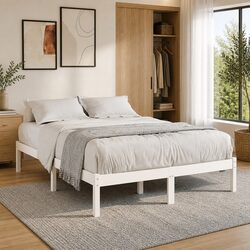 Solid Wood Bed Frame in White 135x190 cm with Slatted Base