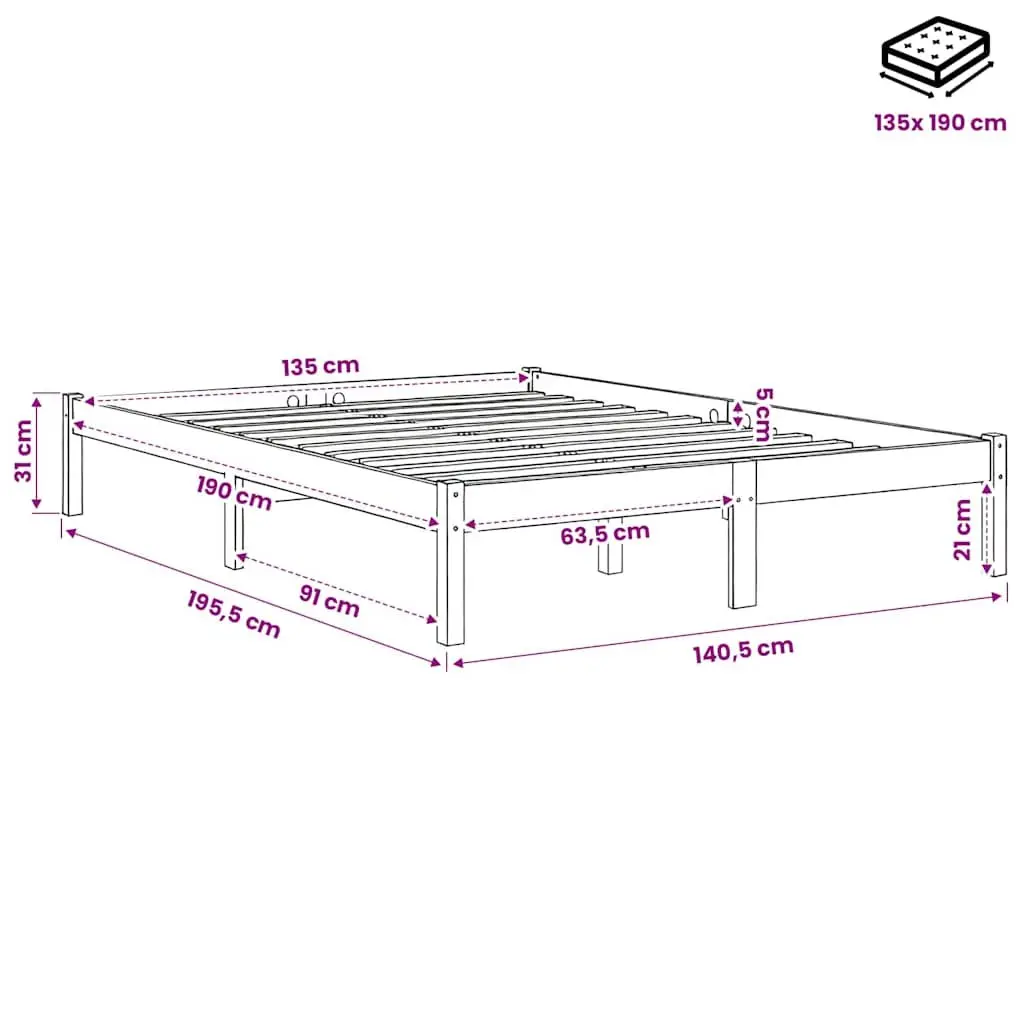 Solid Wood Bed Frame in White 135x190 cm with Slatted Base