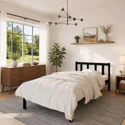 Sturdy Black Pinewood Bed Frame 90x190 cm for Singles
