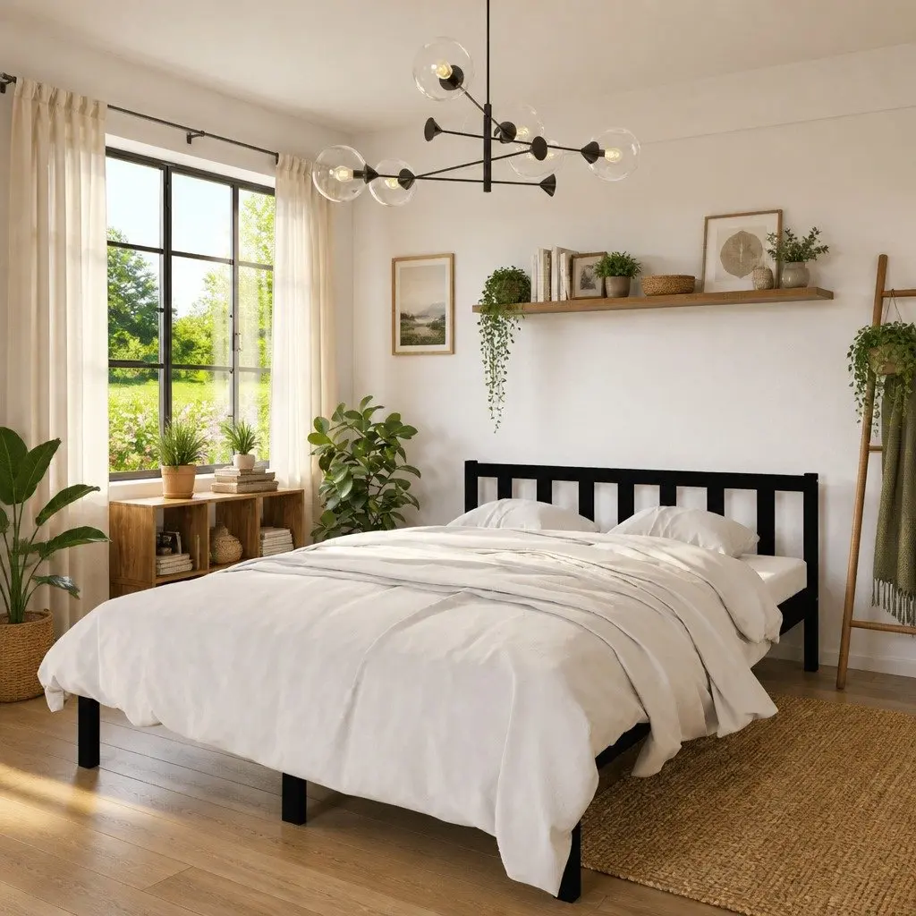Black Solid Wood Bed Frame 135x190 cm with Slatted Base