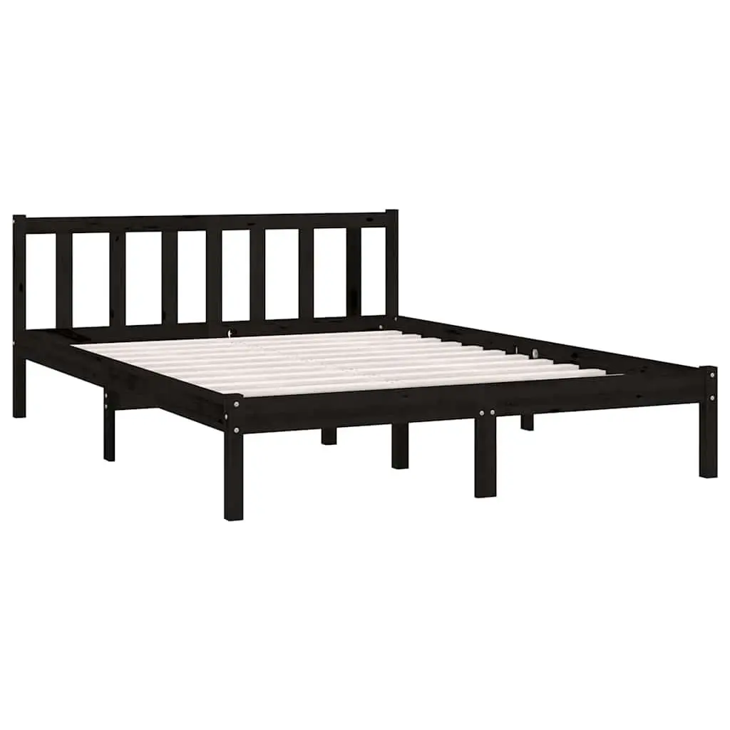 Black Solid Wood Bed Frame 135x190 cm with Slatted Base