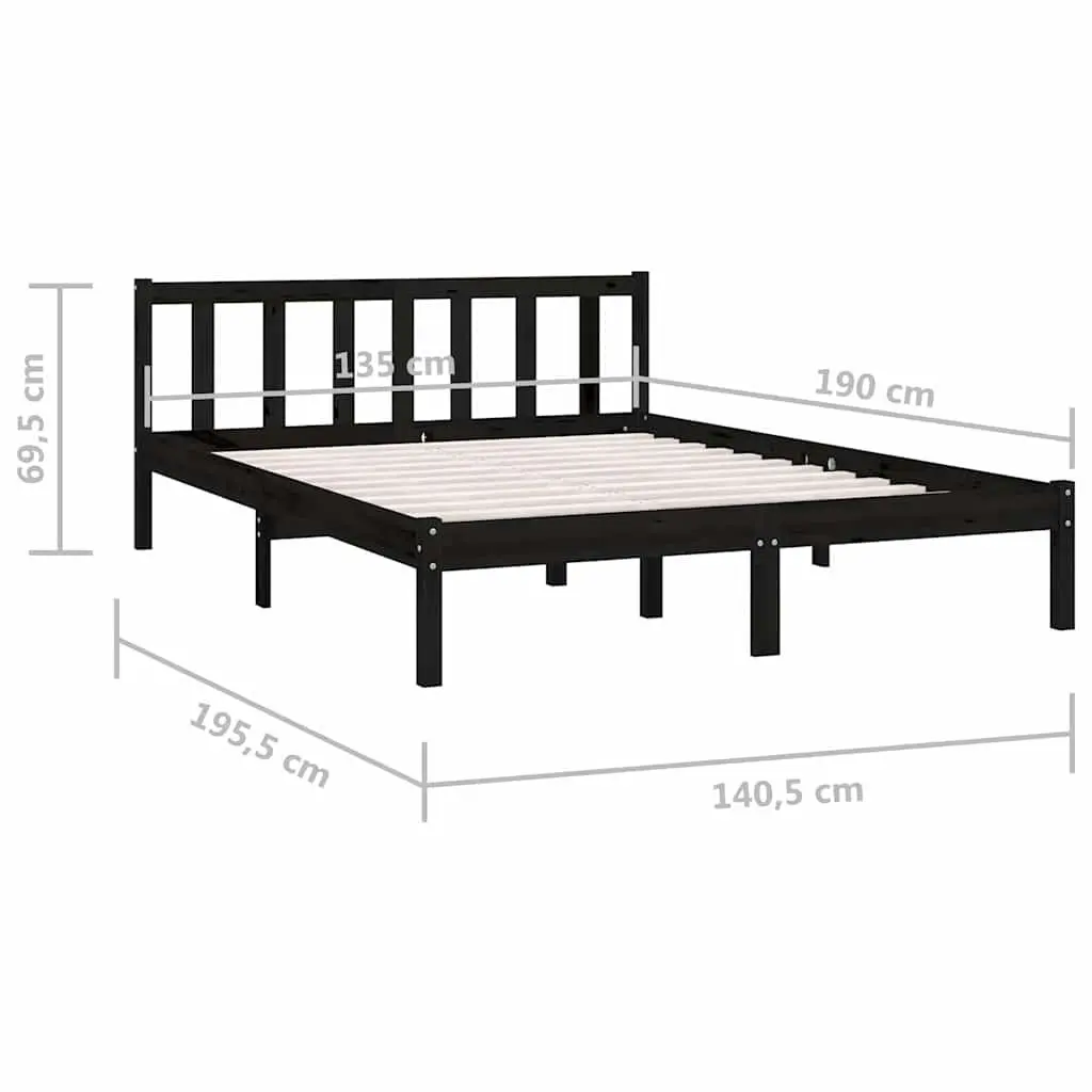 Black Solid Wood Bed Frame 135x190 cm with Slatted Base