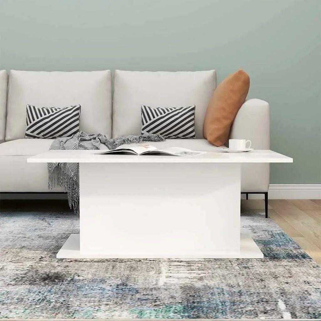 White Coffee Table Living Room Accent Furniture Engineered Wood Design 102cm