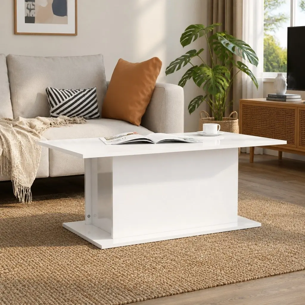Coffee Table High Gloss White Modern Living Room Accent End Table 102x55.5x40cm