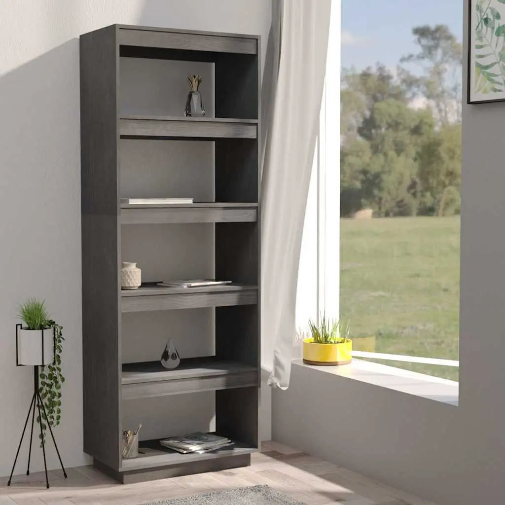 Grey Solid Pinewood Book Cabinet Room Divider 60x35x167cm
