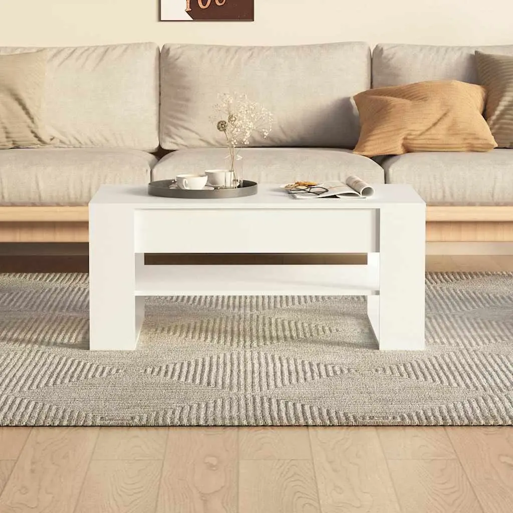 Coffee Table with Storage Shelf White Engineered Wood Living Room Furniture
