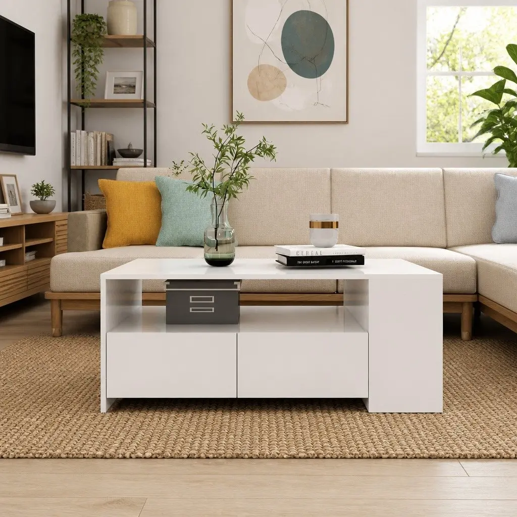 White Coffee Table with Storage Drawers