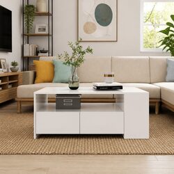 Coffee Table White Storage Shelf Drawers Compartments Living Room Accent