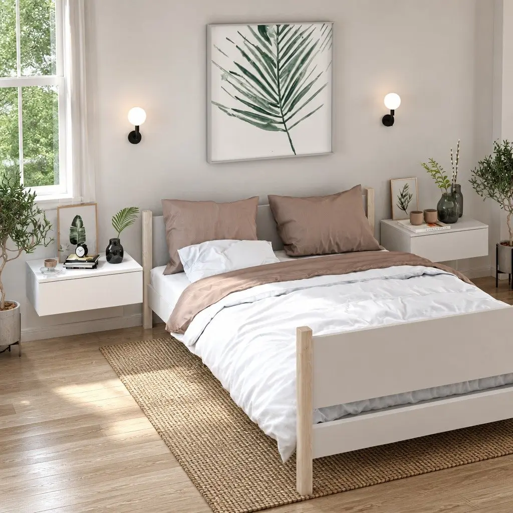 Set of 2 White Wall-Mounted Bedside Cabinets