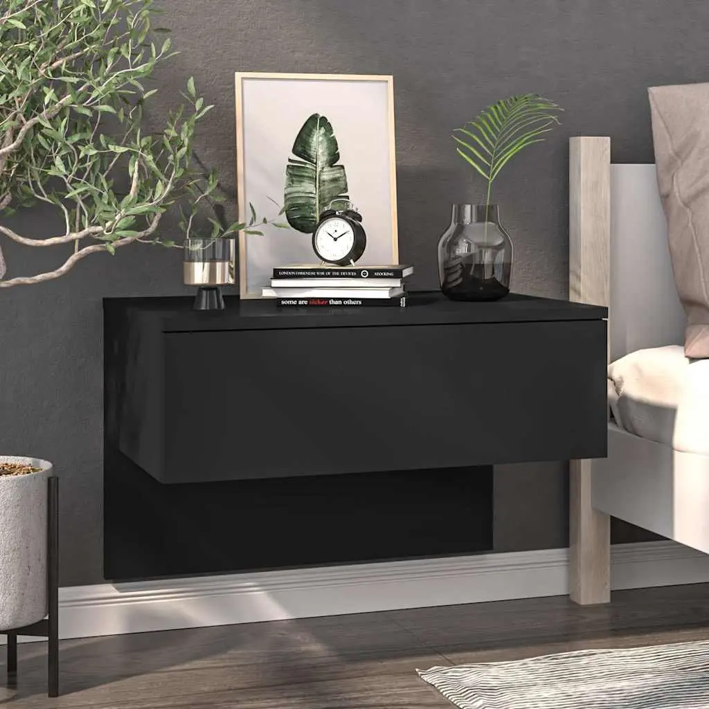 Bedside Cabinets Engineered Wood Black Wall-mounted Floating Storage Shelves Set of 2