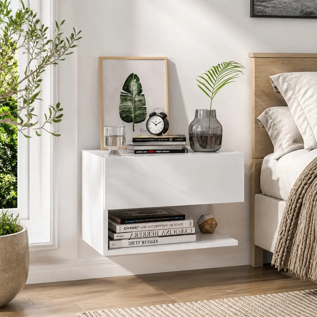 Wall-mounted Bedside Cabinet High Gloss White Floating Storage Unit