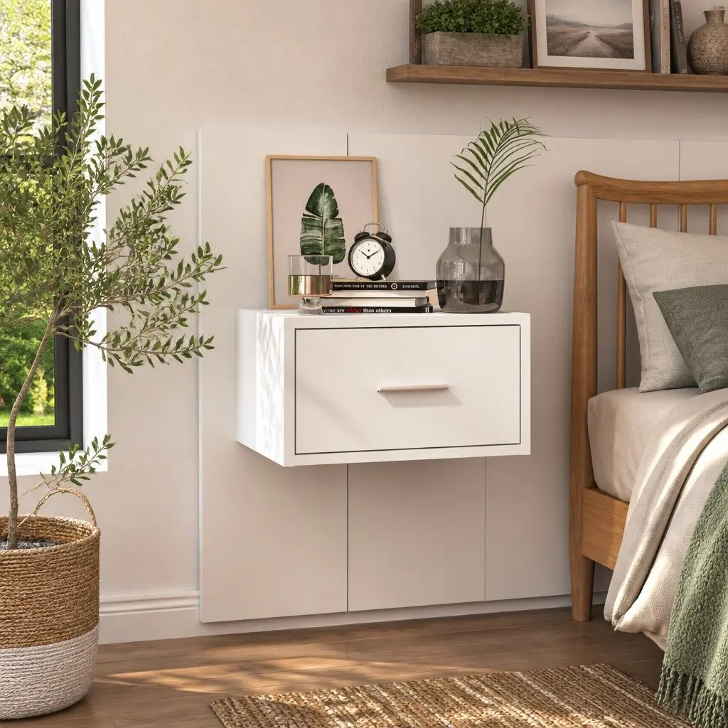 Floating White Bedside Cabinet with Spacious Drawer