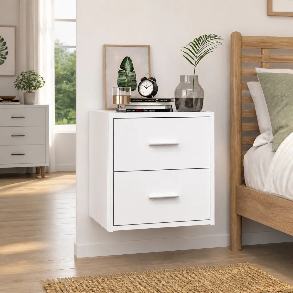 High Gloss White Floating Bedside Storage Cabinet