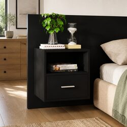 Durable Black Wall-mounted Bedside Cabinet with Storage