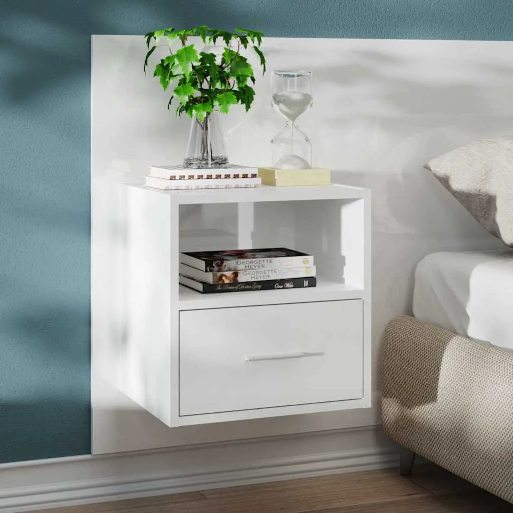 High Gloss White Floating Storage Drawer Cabinets 2 pcs