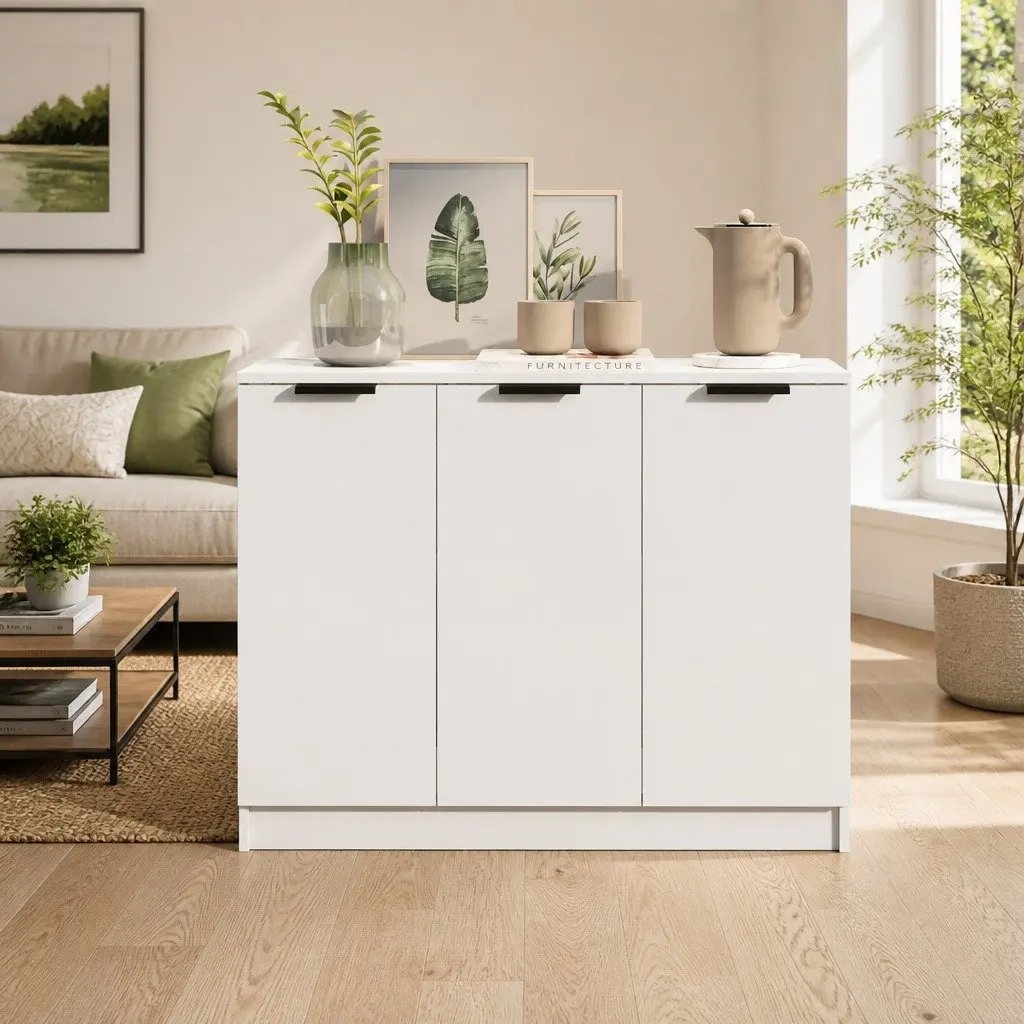 White Sideboard Storage Cabinet with 3 Doors