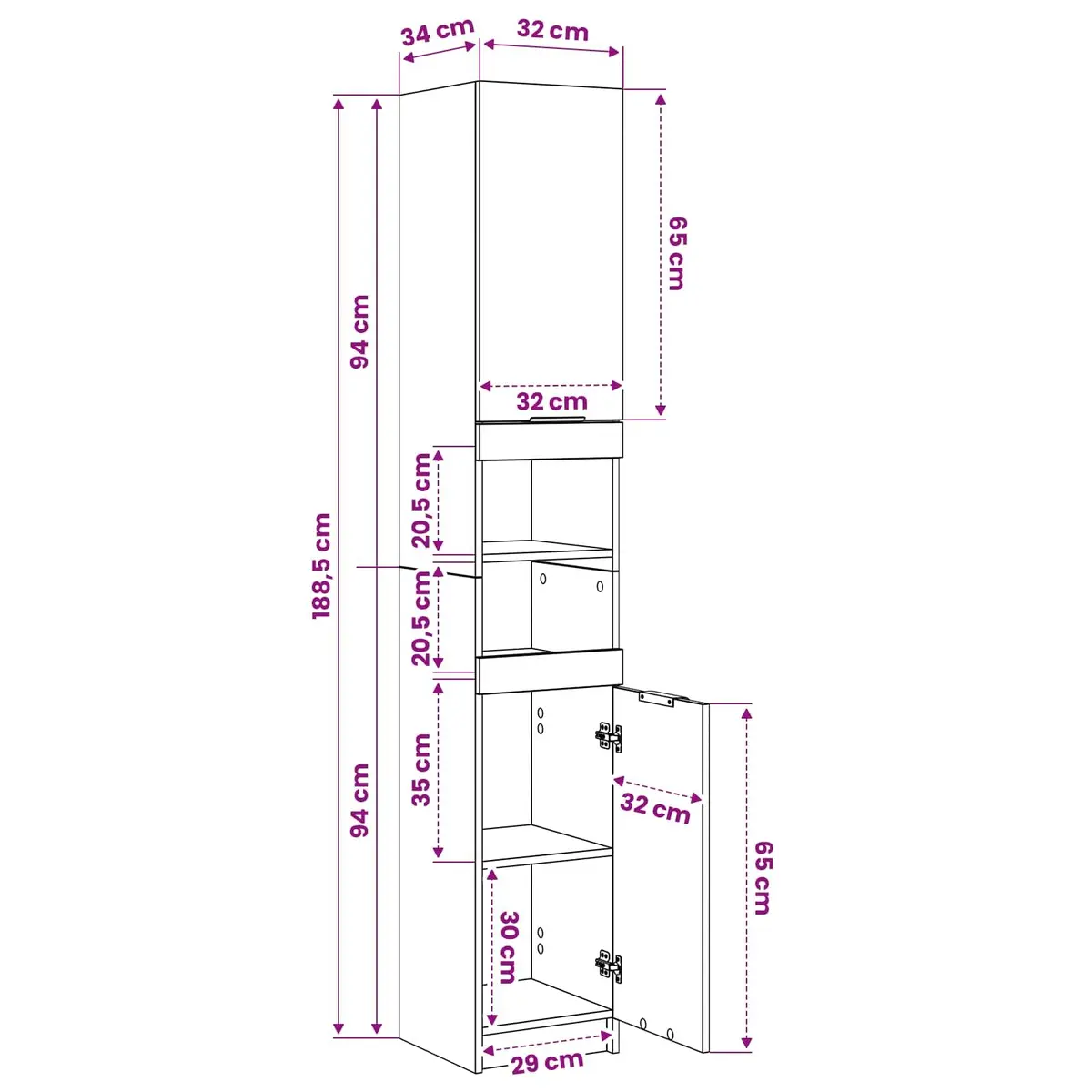 Bathroom Cabinet Engineered Wood White 32x34x188.5cm
