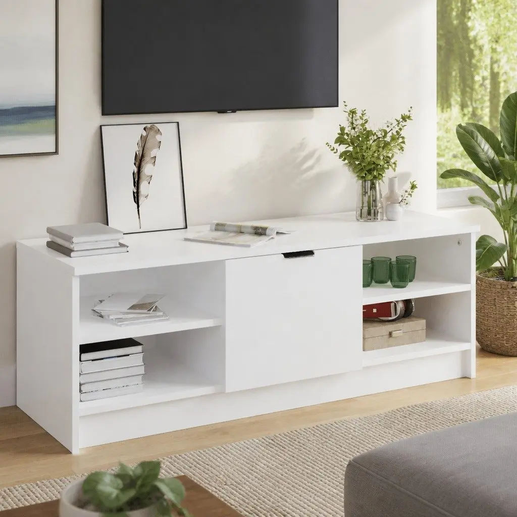 White Engineered Wood TV Cabinet for Media Storage