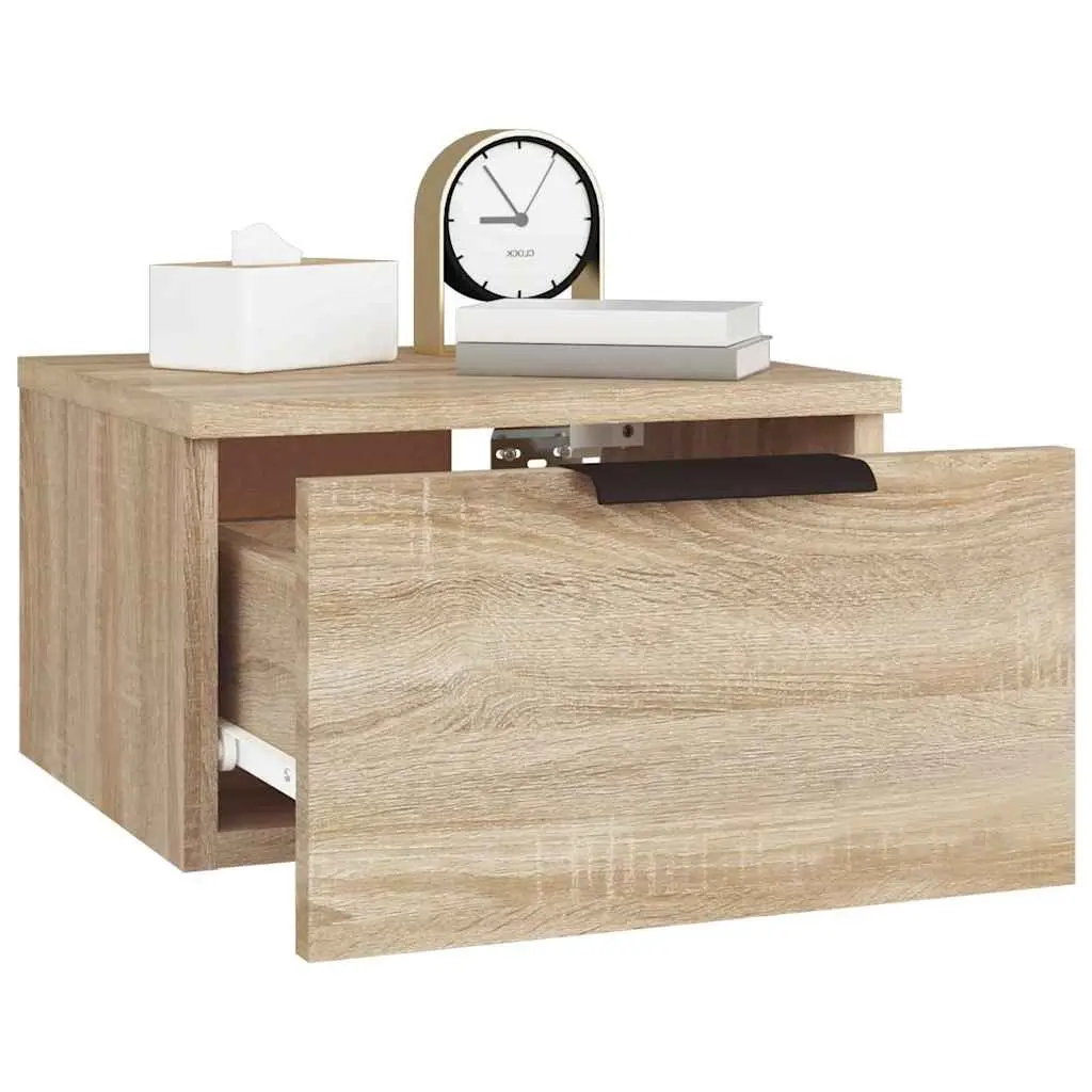 Brown Oak Floating Wall-Mounted Bedside Cabinet