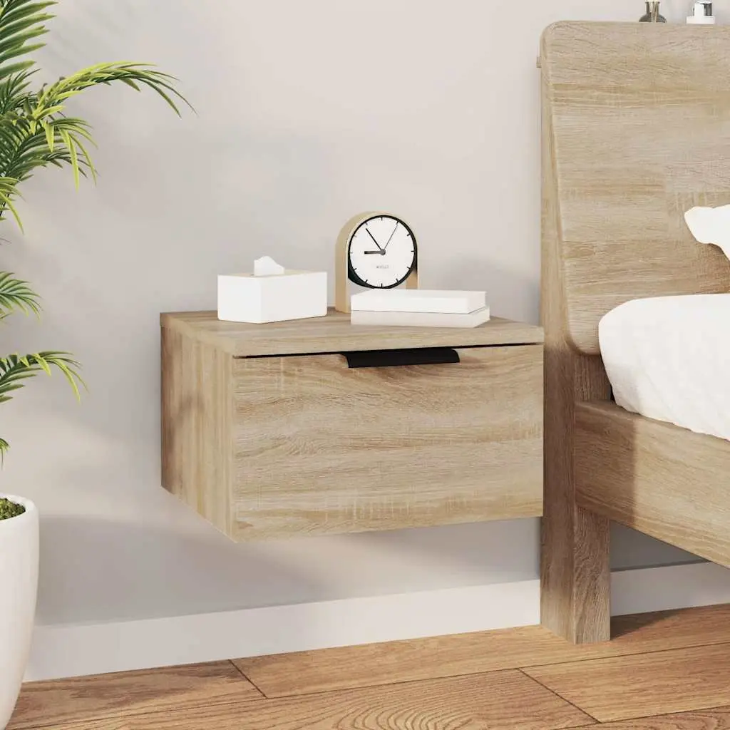 Brown Oak Floating Wall-Mounted Bedside Cabinet