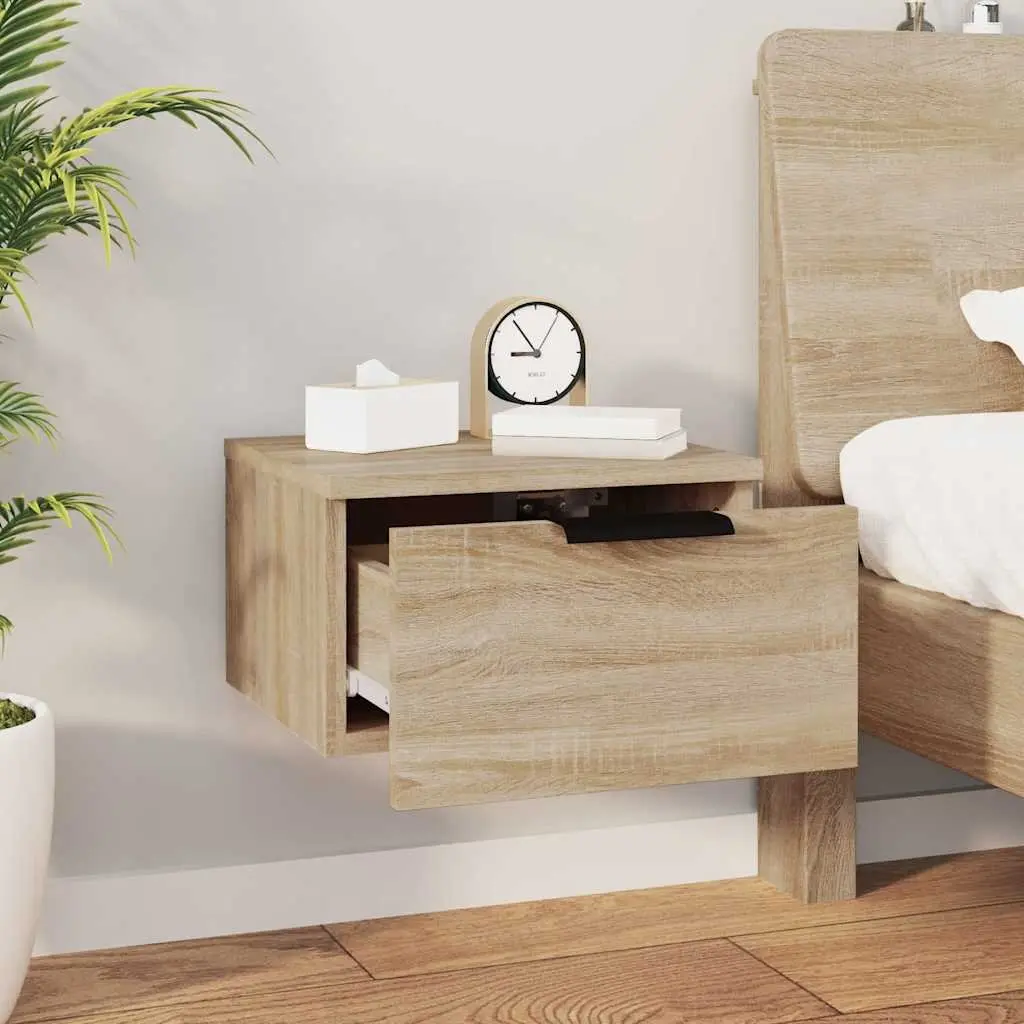 Brown Oak Floating Wall-Mounted Bedside Cabinet