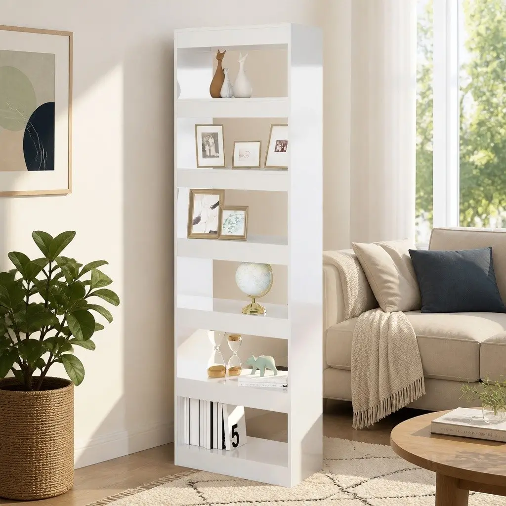 Book Cabinet Wooden 60W x 30D x 198H cm High Gloss White Room Divider Storage Bookshelf