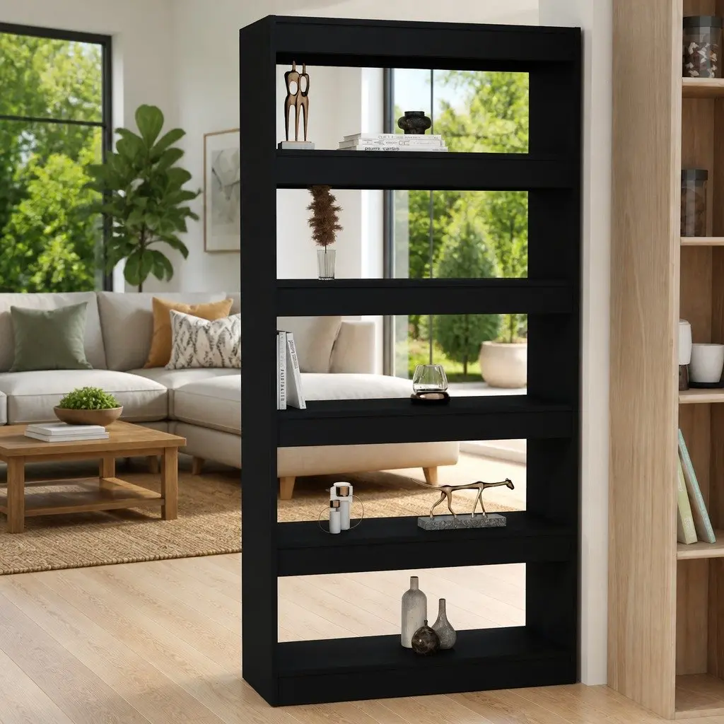 Black Engineered Wood Bookcase with Room Divider Function