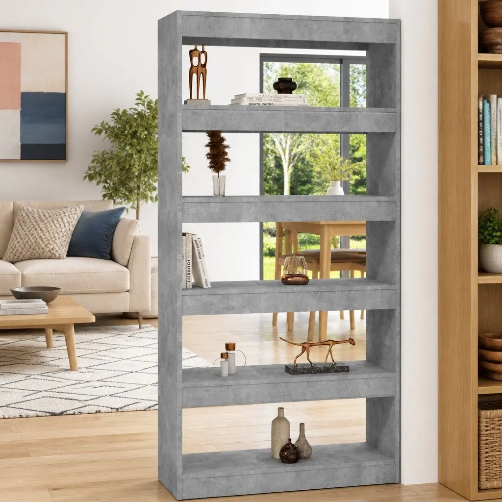 Grey Engineered Wood Book Cabinet with Room Divider Feature