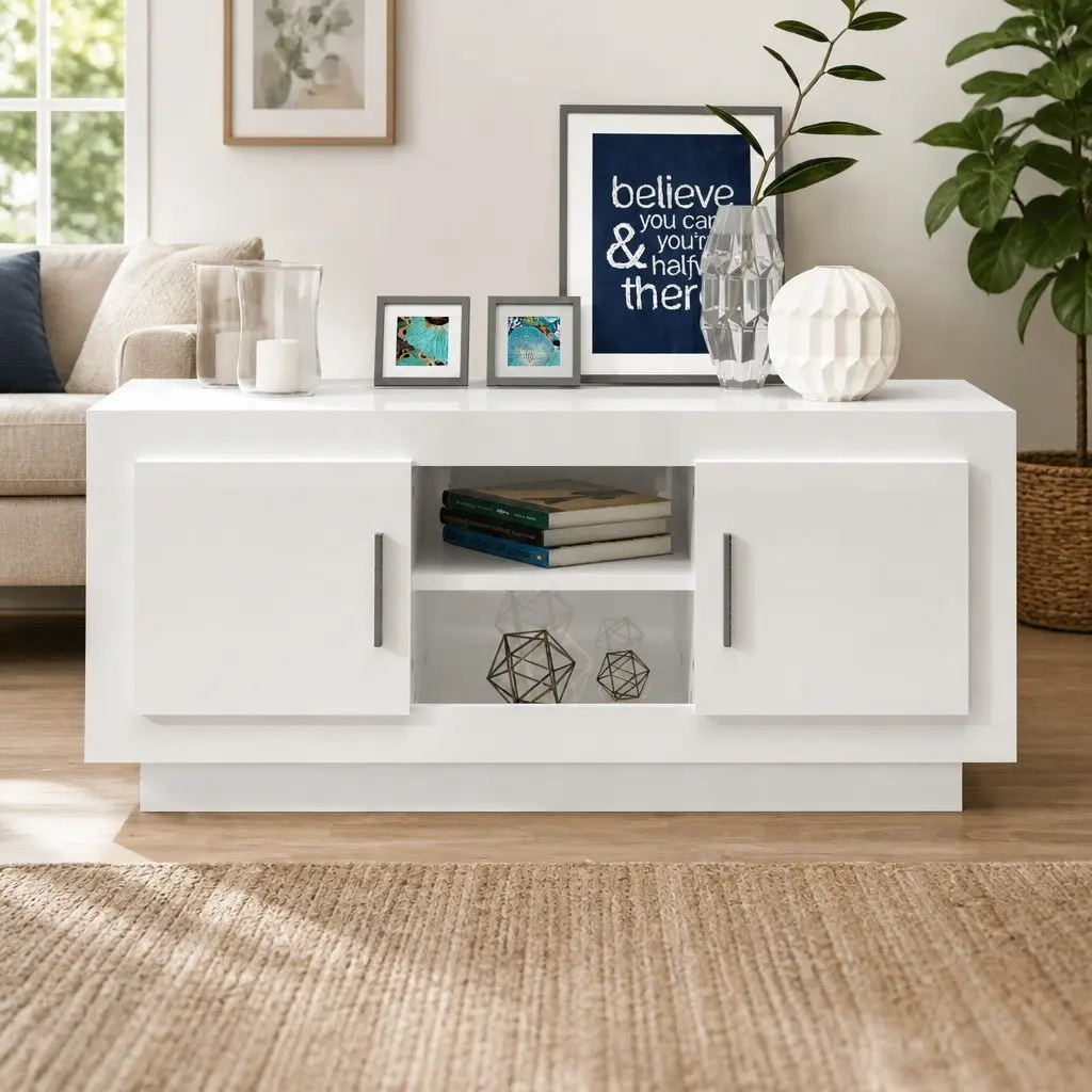 TV Cabinet Engineered Wood 102L x 35W x 45H cm White High Gloss Modern Storage Unit Media Stand Shelves Organiser