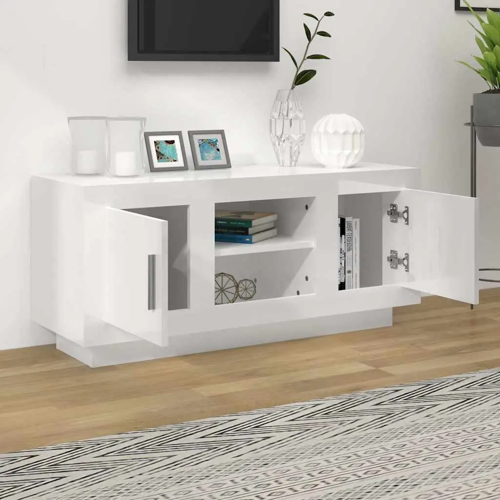TV Cabinet Engineered Wood 102L x 35W x 45H cm White High Gloss Modern Storage Unit Media Stand Shelves Organiser