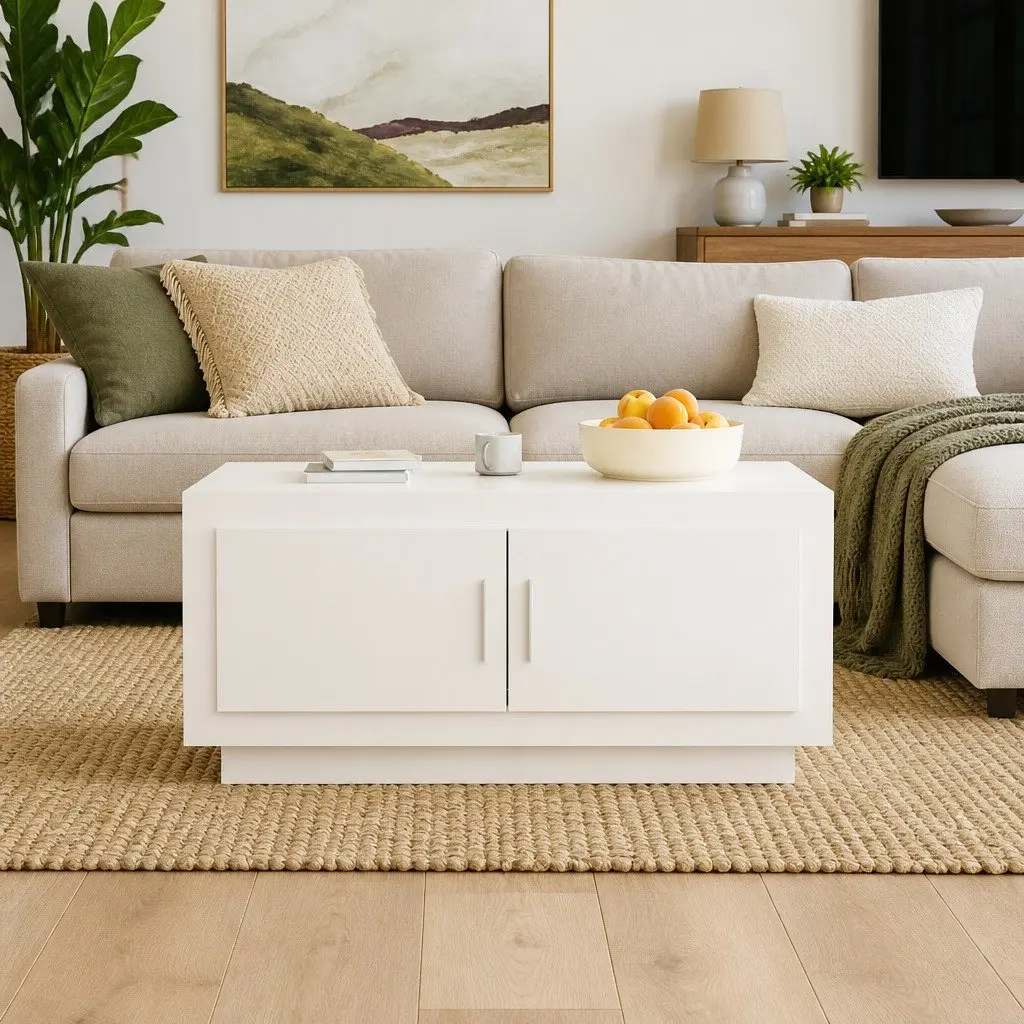 White High Gloss Coffee Table with 2 Storage Doors