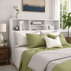 Headboard Cabinet White Wall-Mounted Bedroom Storage Bookcase with Compartments