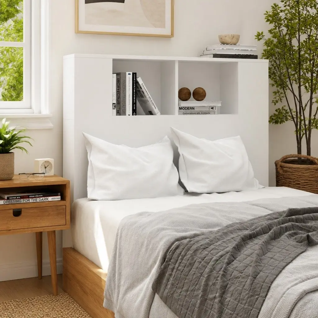 White Headboard Cabinet with Storage Compartments Bedroom Wall-Mounted Furniture