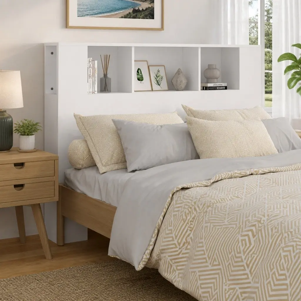 Headboard Cabinet Engineered Wood 140cm White Wall Mount Bedroom Storage Bookcase Organiser
