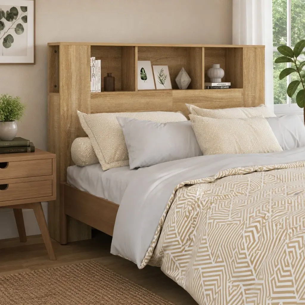 Brown Oak Headboard Cabinet with Storage