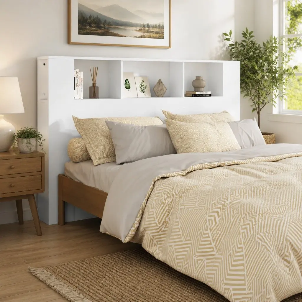 Headboard Cabinet Engineered Wood 160cm White Wall-Mounted Bedroom Storage Bookcase Organiser