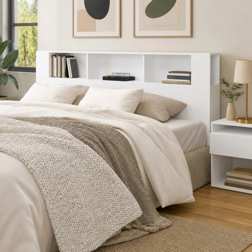 White Headboard Cabinet for Bedroom Storage