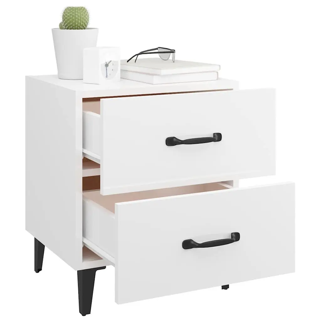 Bedside Cabinets 2 pcs White High Gloss Storage Drawers Metal Legs Side Table