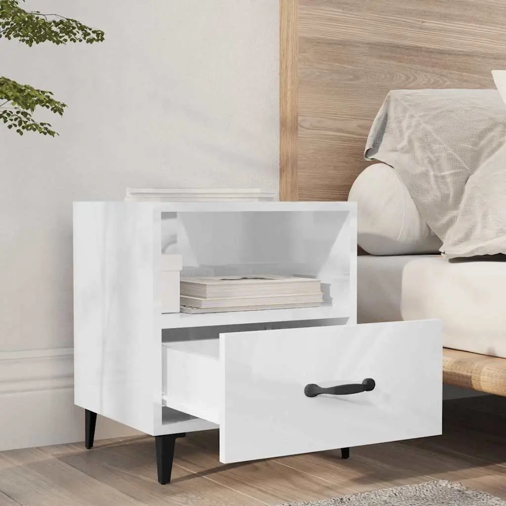 Bedside Cabinets 2 pcs High Gloss White Engineered Wood Nightstand Drawers