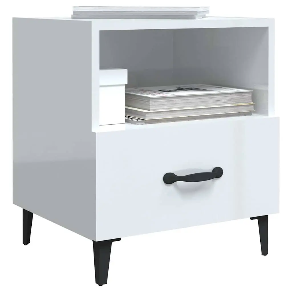 Bedside Cabinets 2 pcs High Gloss White Engineered Wood Nightstand Drawers