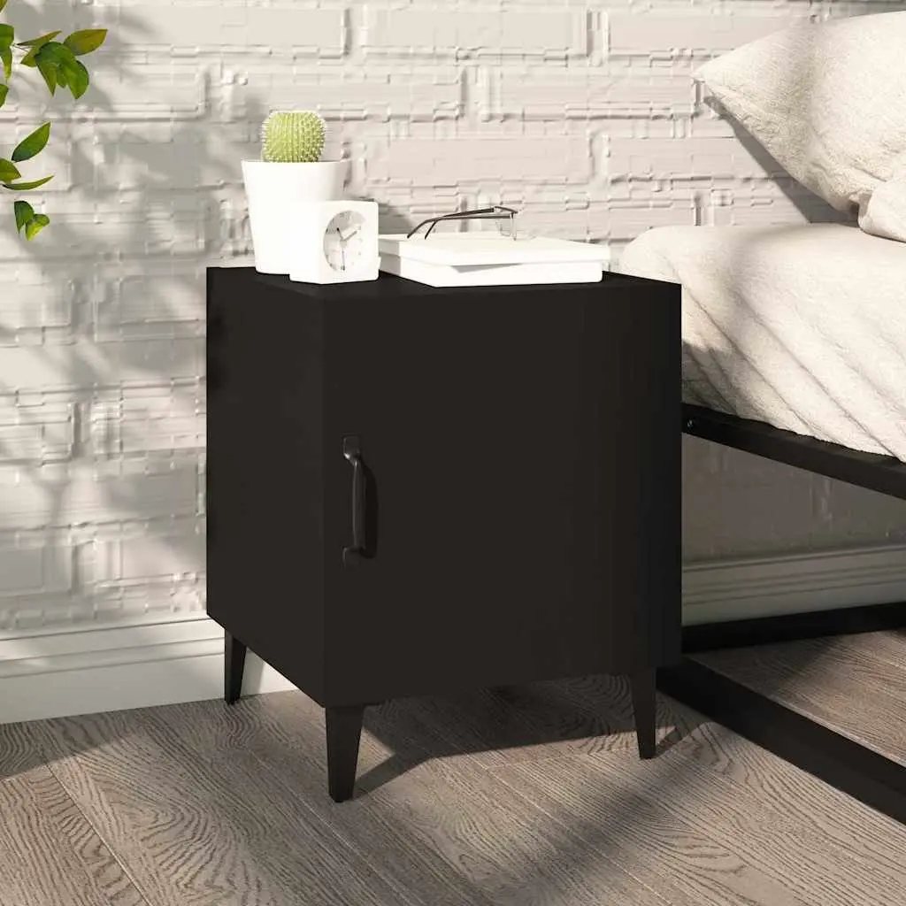 Bedside Cabinet 2 pcs Black Engineered Wood Nightstand Storage Door Organiser