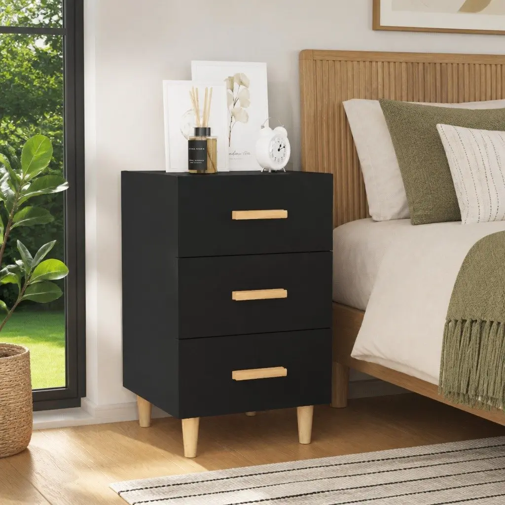 Black 3 Drawer Nightstand for Bedroom Storage