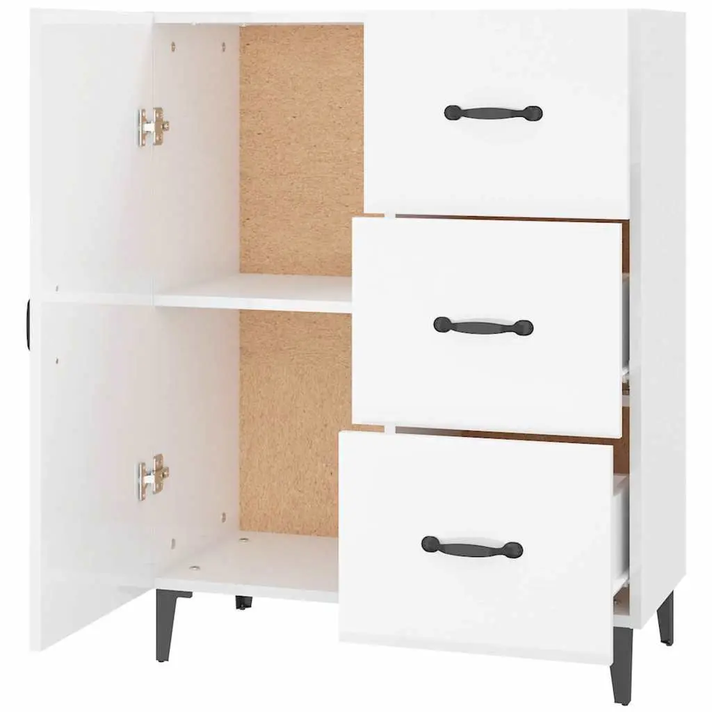 Sideboard Engineered Wood 69.5 x 34 x 90 cm High Gloss White Storage Cabinet 1 Door 3 Drawers