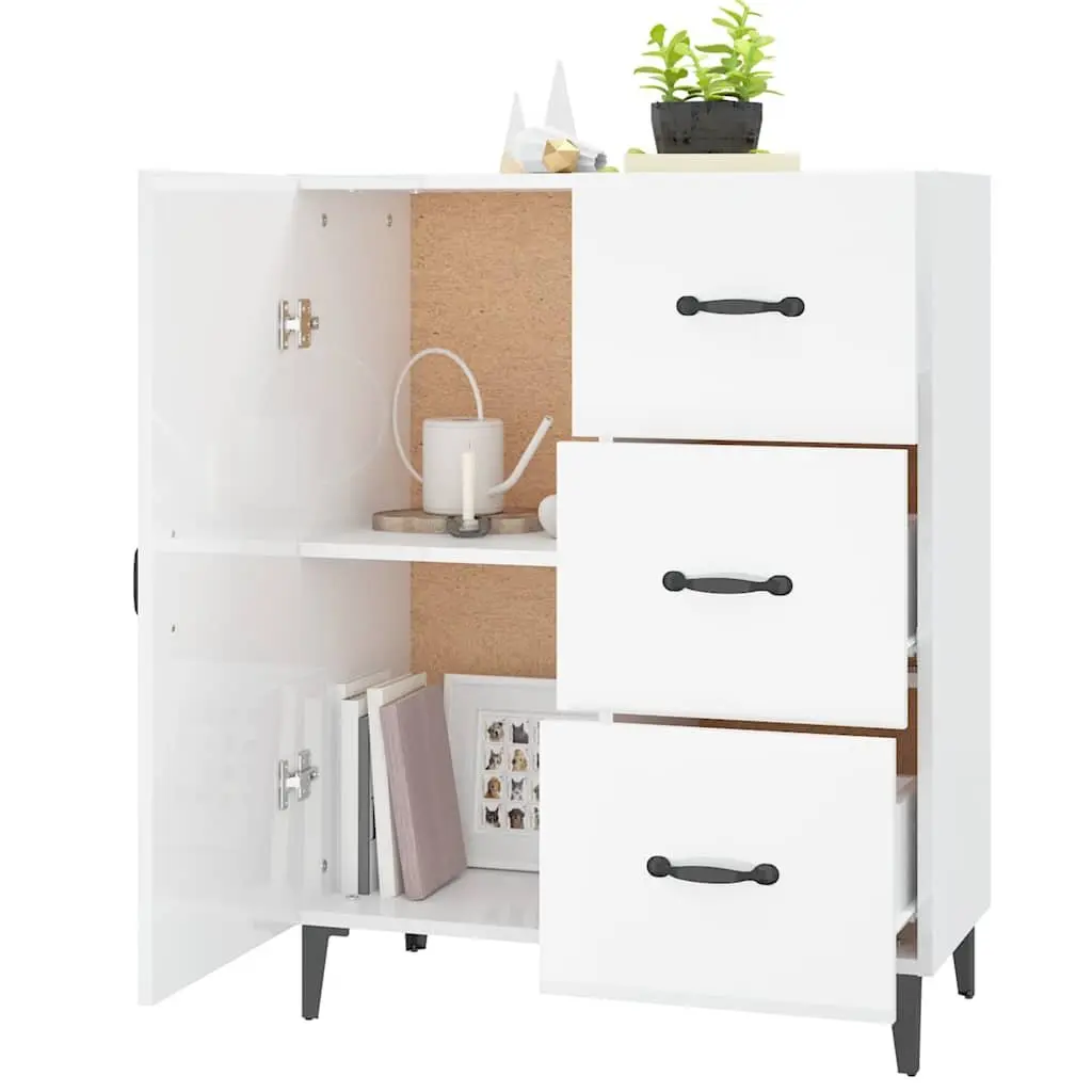 Sideboard Engineered Wood 69.5 x 34 x 90 cm High Gloss White Storage Cabinet 1 Door 3 Drawers