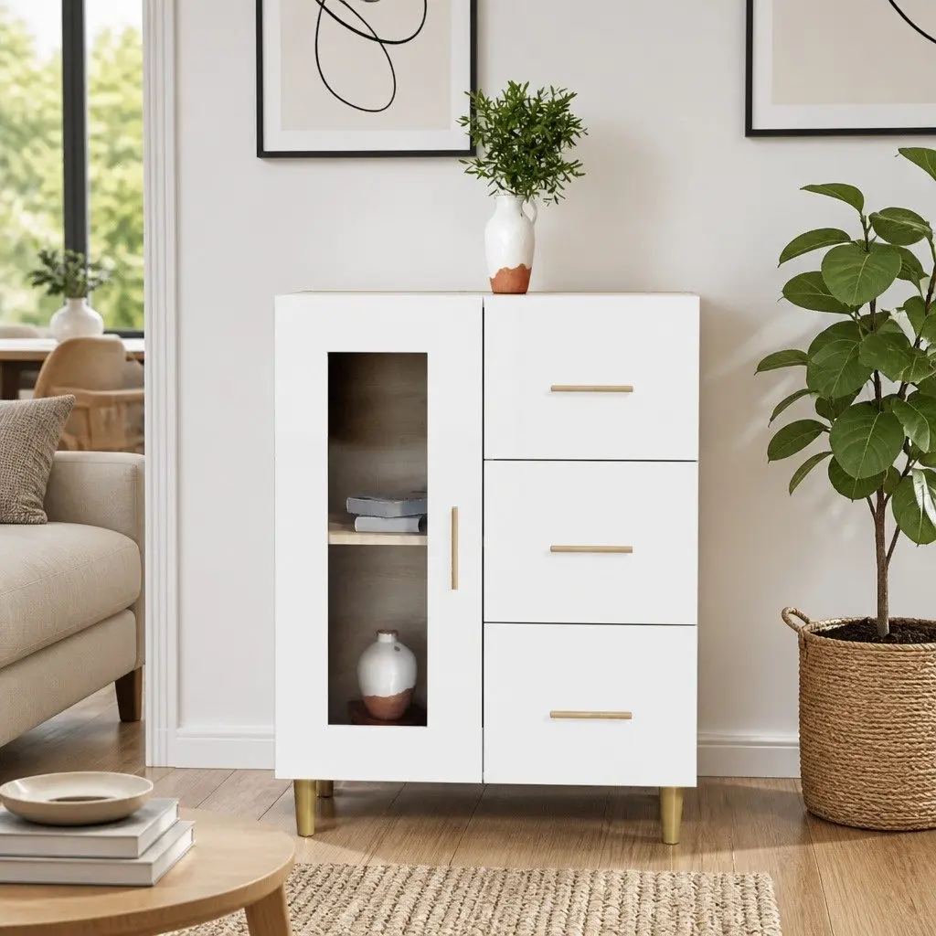 High Gloss White Storage Sideboard with Glass Door